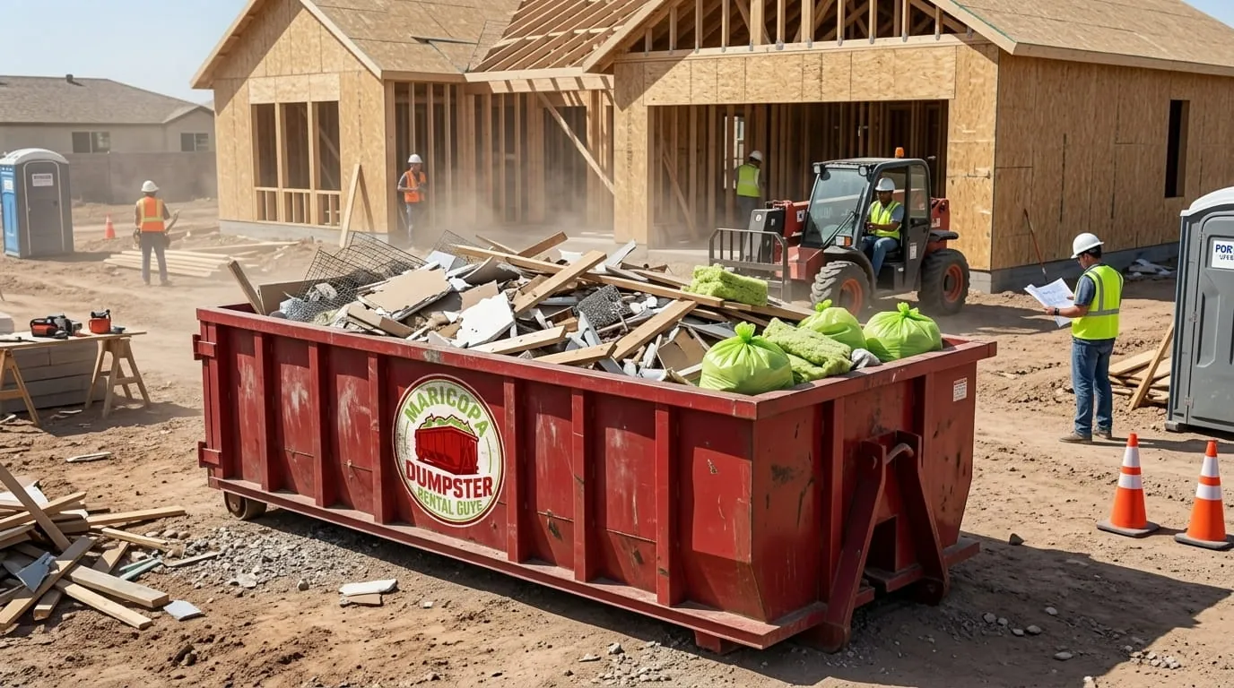 Roll-off container of construction debris at a framing site in Maricopa, Arizona Roll-off container of construction debris at a framing site in Maricopa, Arizona