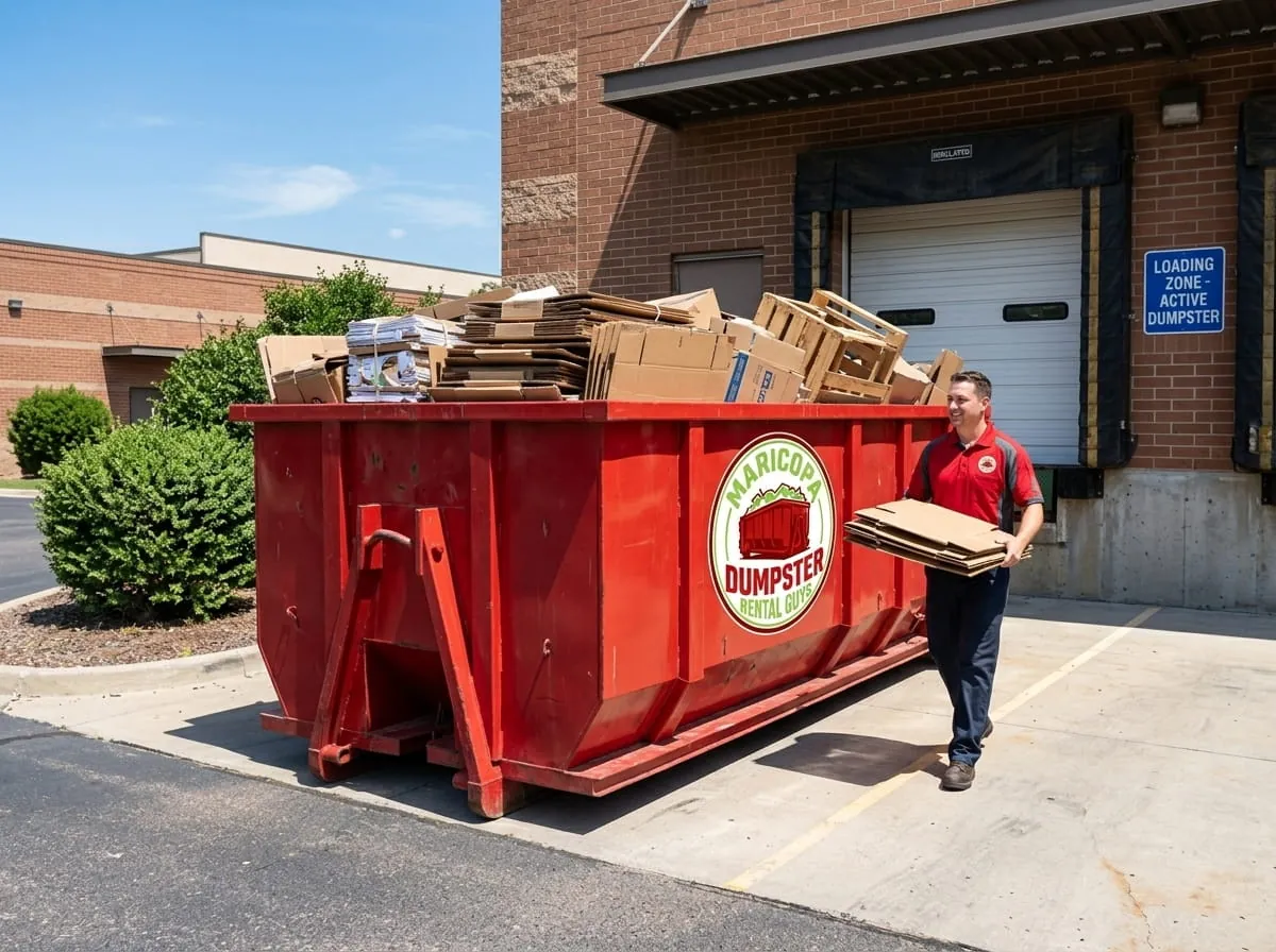Maricopa Dumpster Rental Guys roll-off container and truck working a job in Pinal County Maricopa Dumpster Rental Guys roll-off container and truck working a job in Pinal County
