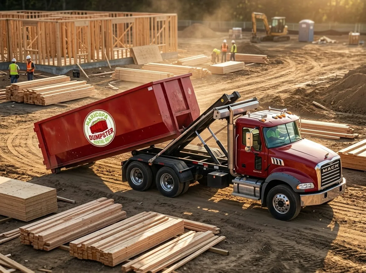 Roll-off truck and container at a building site in Maricopa, Arizona